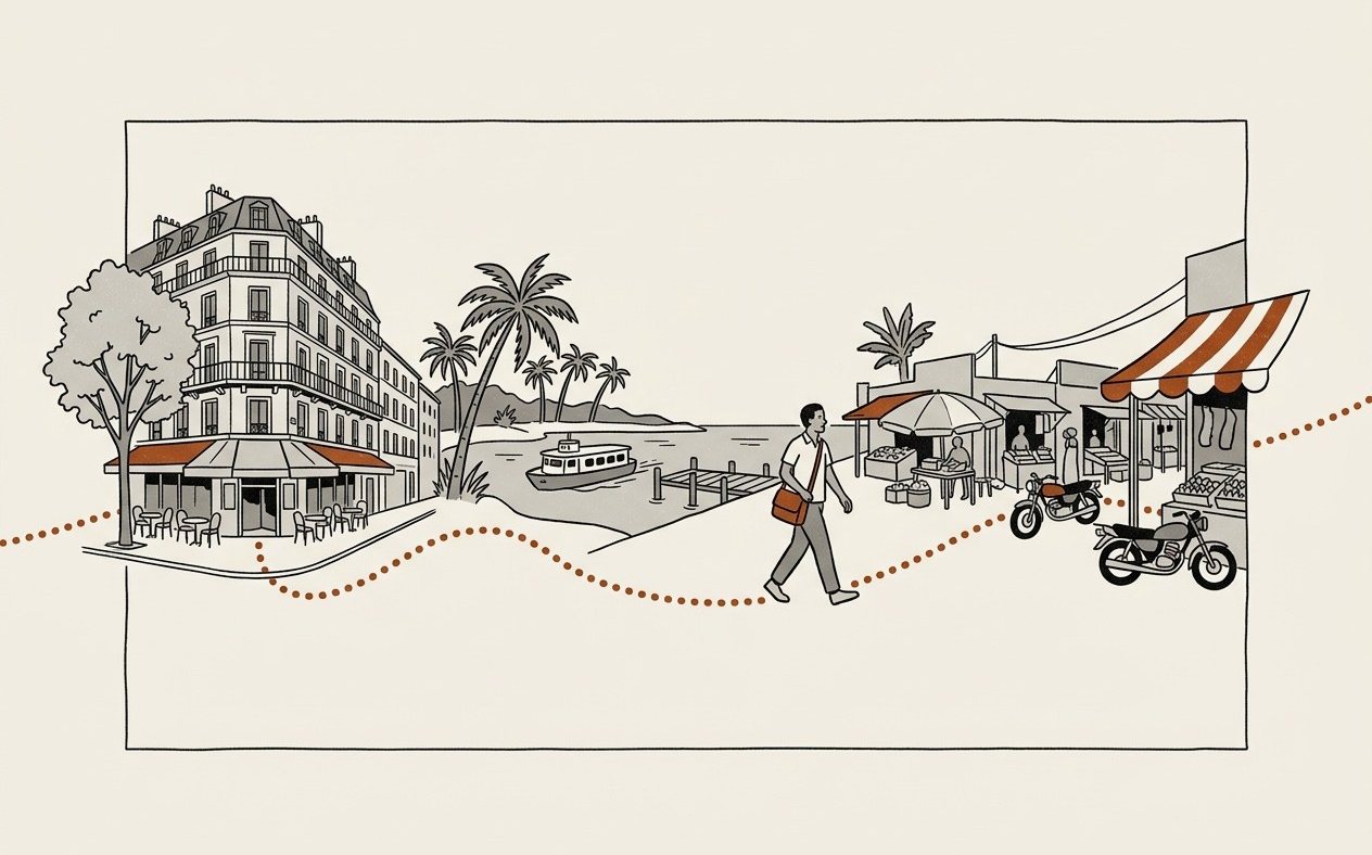Illustration: one journey in street scenes, from Paris to the Indian Ocean and on to East Africa