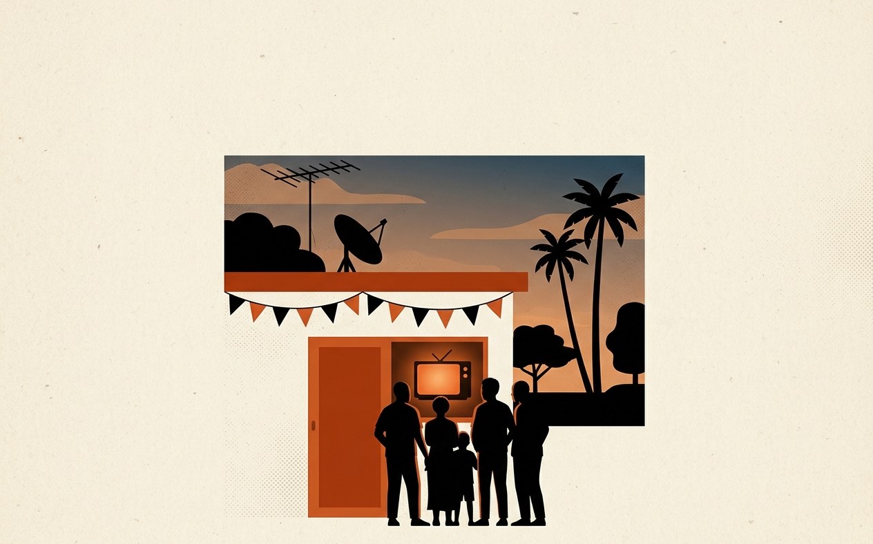 Illustration: a family gathered at dusk outside a shopfront, watching a television glow through the doorway, a rooftop TV aerial and pennant flags overhead