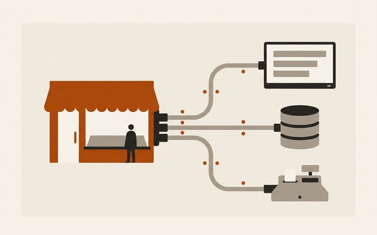 Illustration: an orange agency shopfront wired to screens, a database and a till