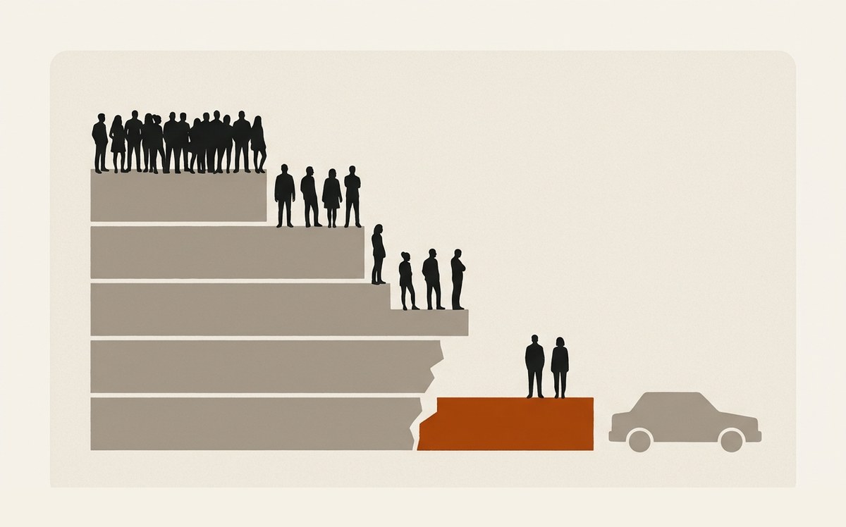 Illustration: a descending staircase whose last step is broken before the dealership