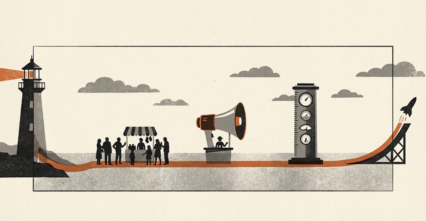 Illustration: the GAMMA route in five stations, a lighthouse, a market stall, a megaphone, a measurement tower and a launch ramp, connected by one continuous line