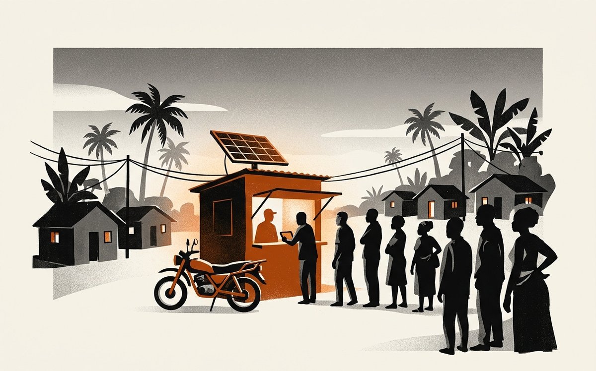 Illustration: an off-grid village kiosk with a solar panel, a motorbike and a queue of customers at dusk