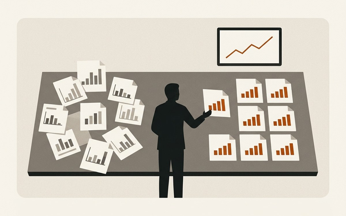 Illustration: nine mismatched budget documents on one side, the same nine aligned to a single format on the other, and one shared dashboard