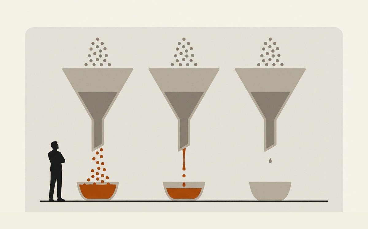 Illustration: three identical funnels fed the same way, only one of which fills its bowl