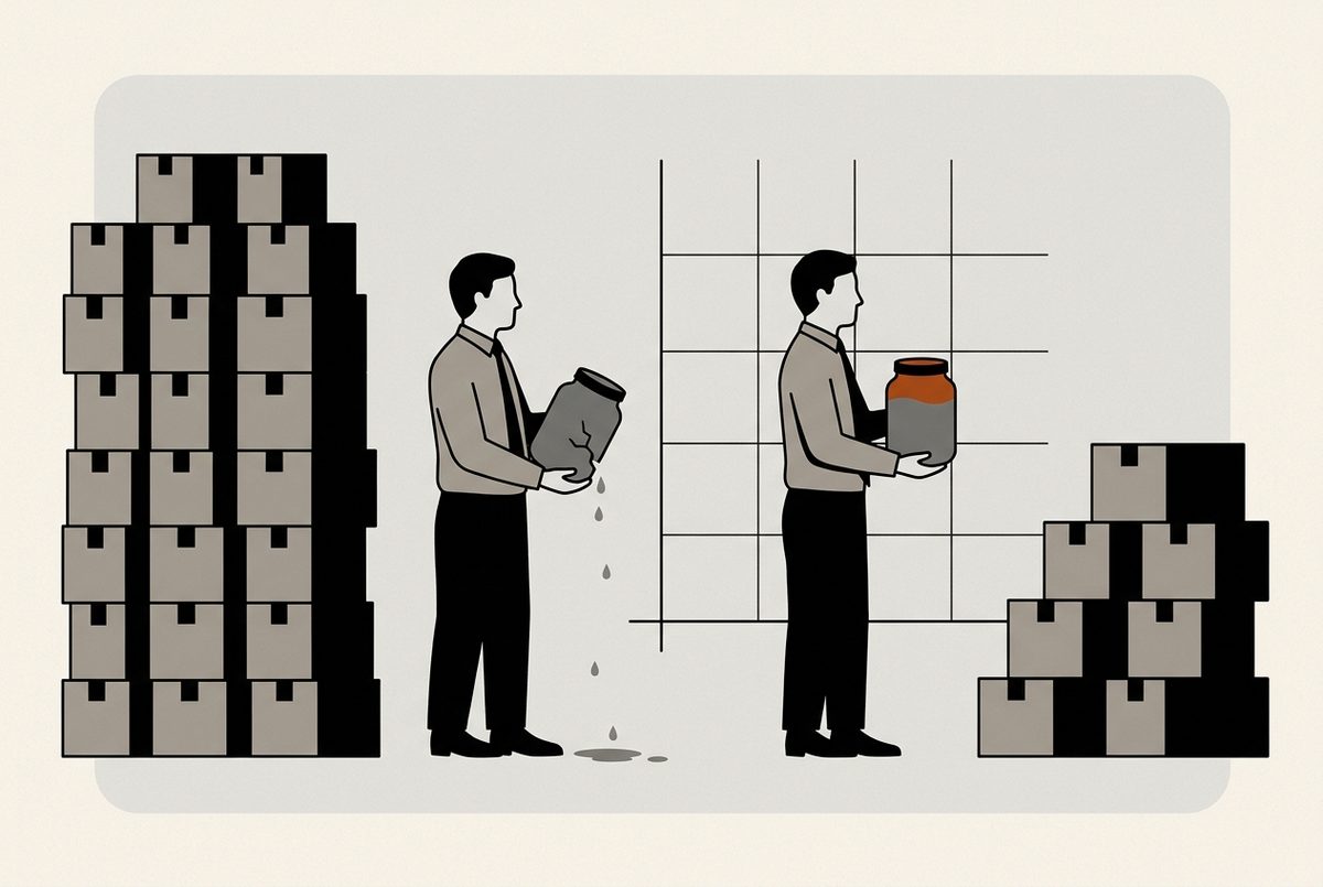 Illustration: two sales agents, one beside a tall stack of boxes holding a cracked jar that leaks, the other beside a smaller stack holding a full jar