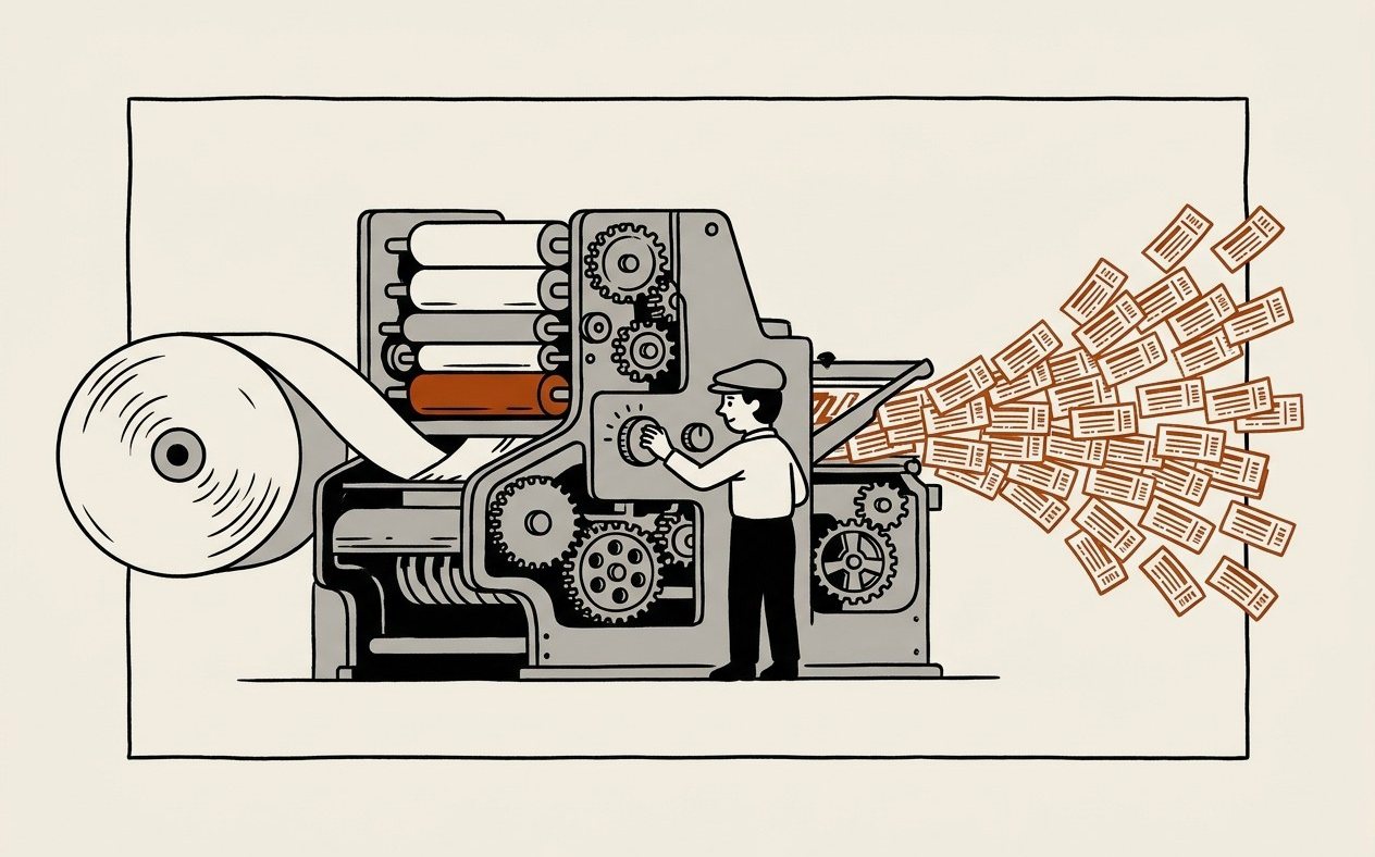 Illustration: an industrial production line turning ads and landing pages into a steady flow of leads