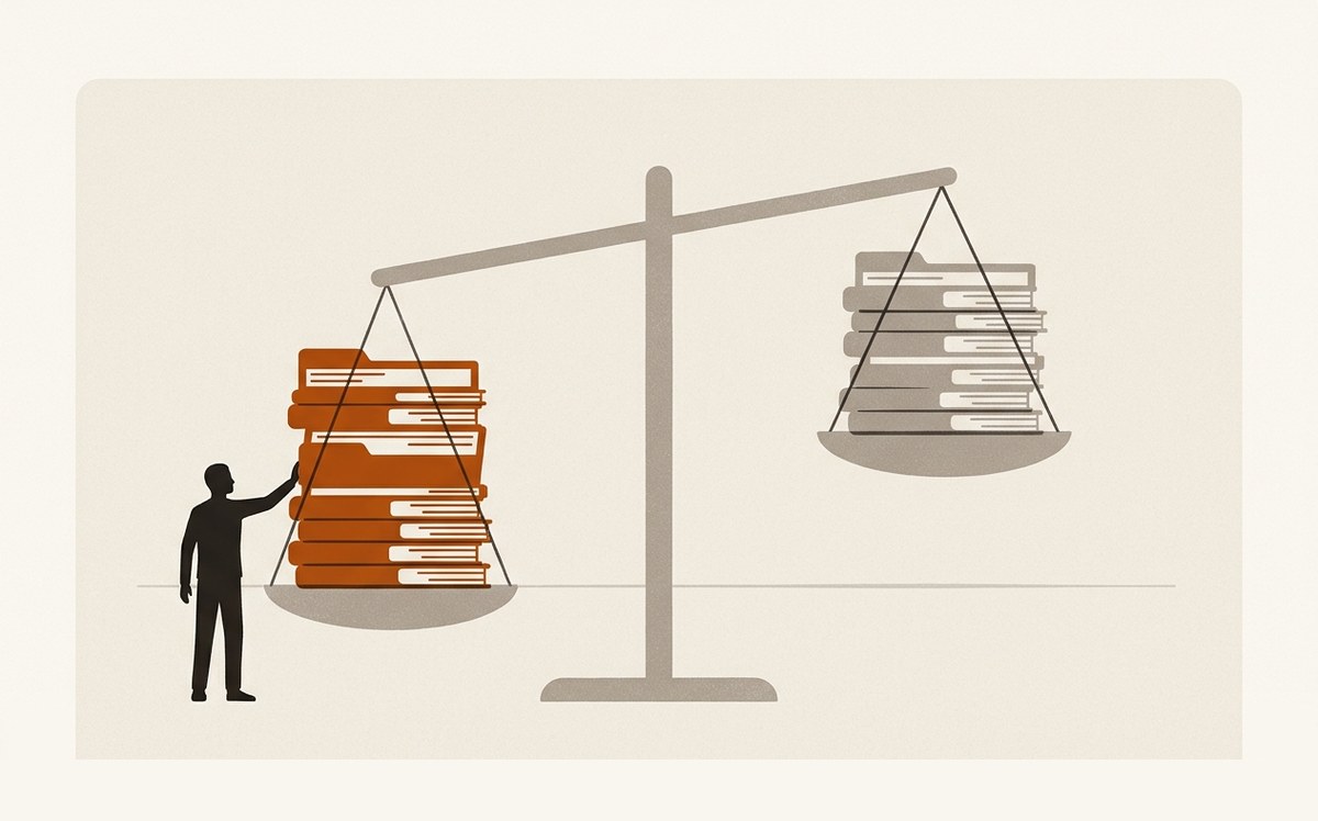 Illustration: a balance with a stack of orange files on one pan and the rest of the business in grey on the other