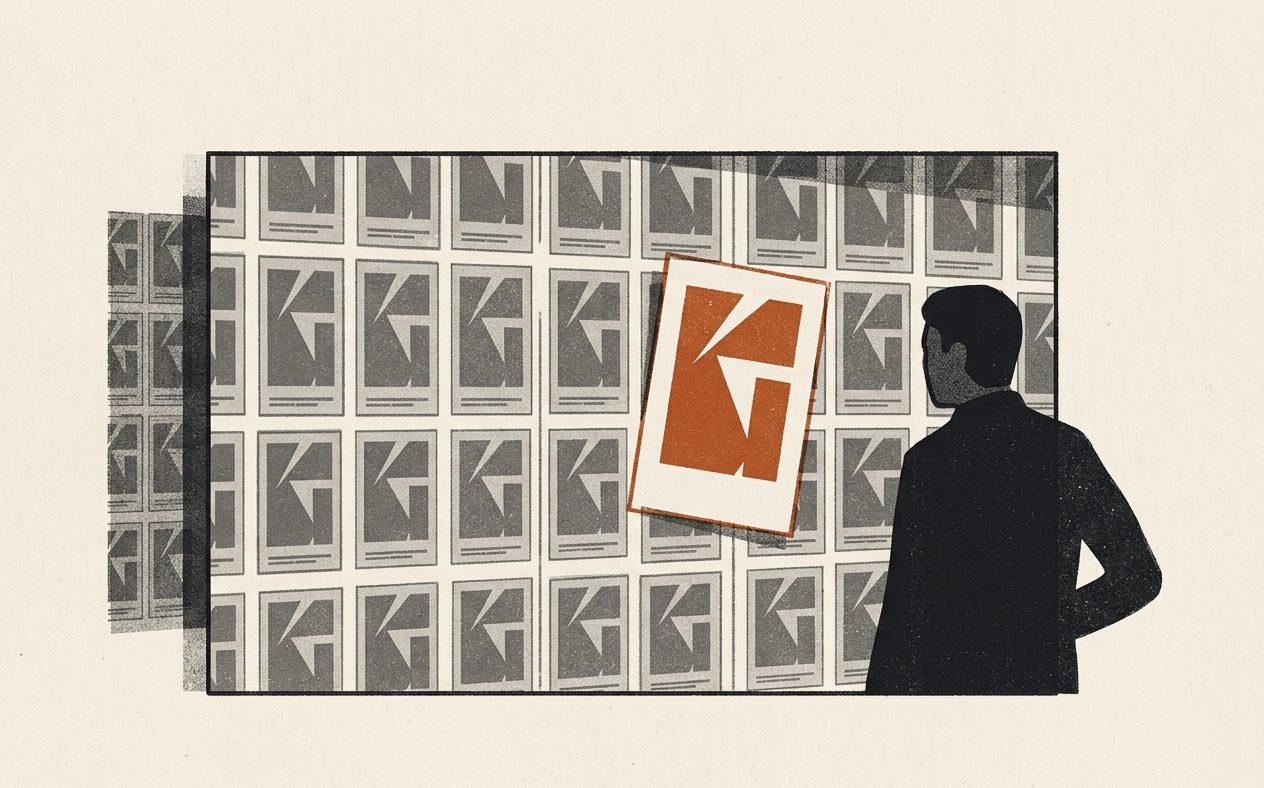 Illustration: a wall of identical grey frames with one distinctive artwork standing out