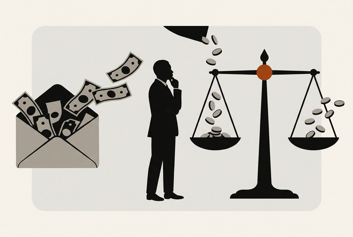Illustration : une enveloppe ouverte d'où les billets ne font que sortir, à côté d'une balance dont les deux plateaux reçoivent et rendent des pièces