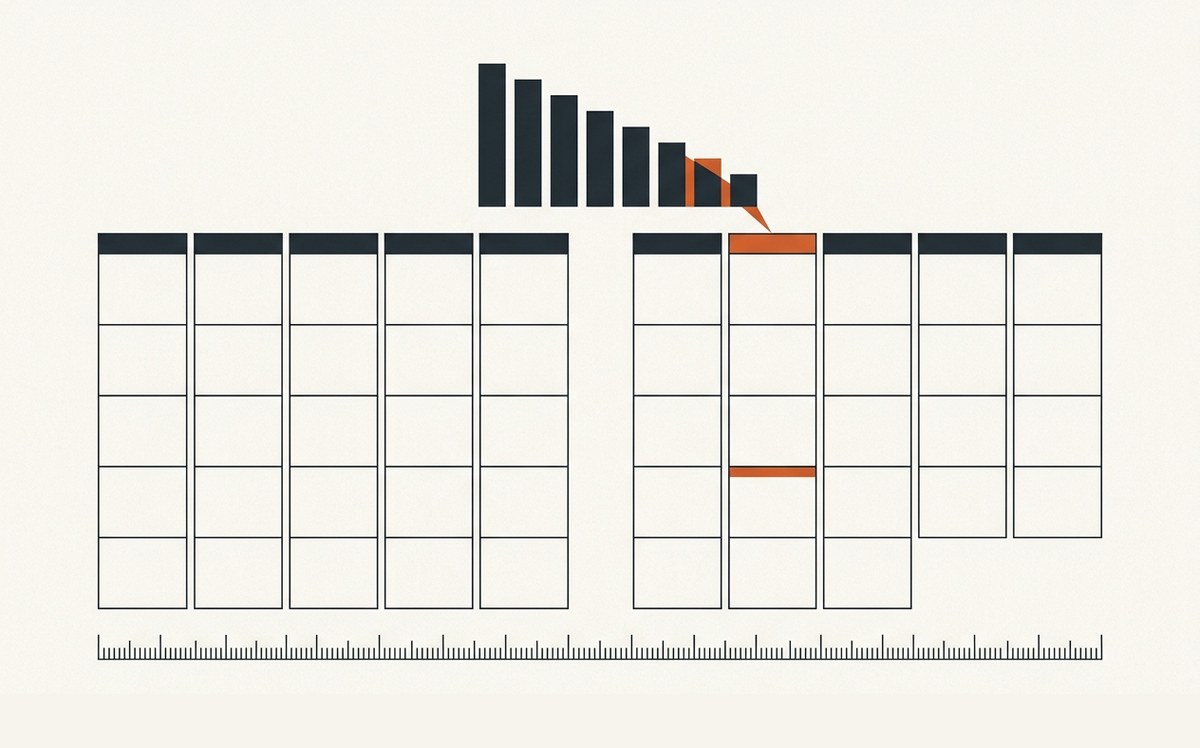 Illustration: two calendar grids of unequal length presented as two identical months, an exaggerated falling curve above them, and a ruler showing the gap