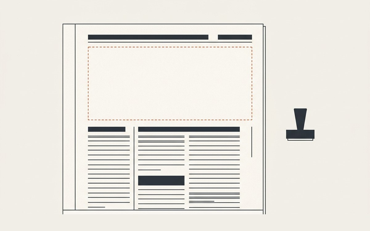 Illustration: a page in layout whose large figure slot is left empty and outlined in a dashed stroke, with a seal held apart from it