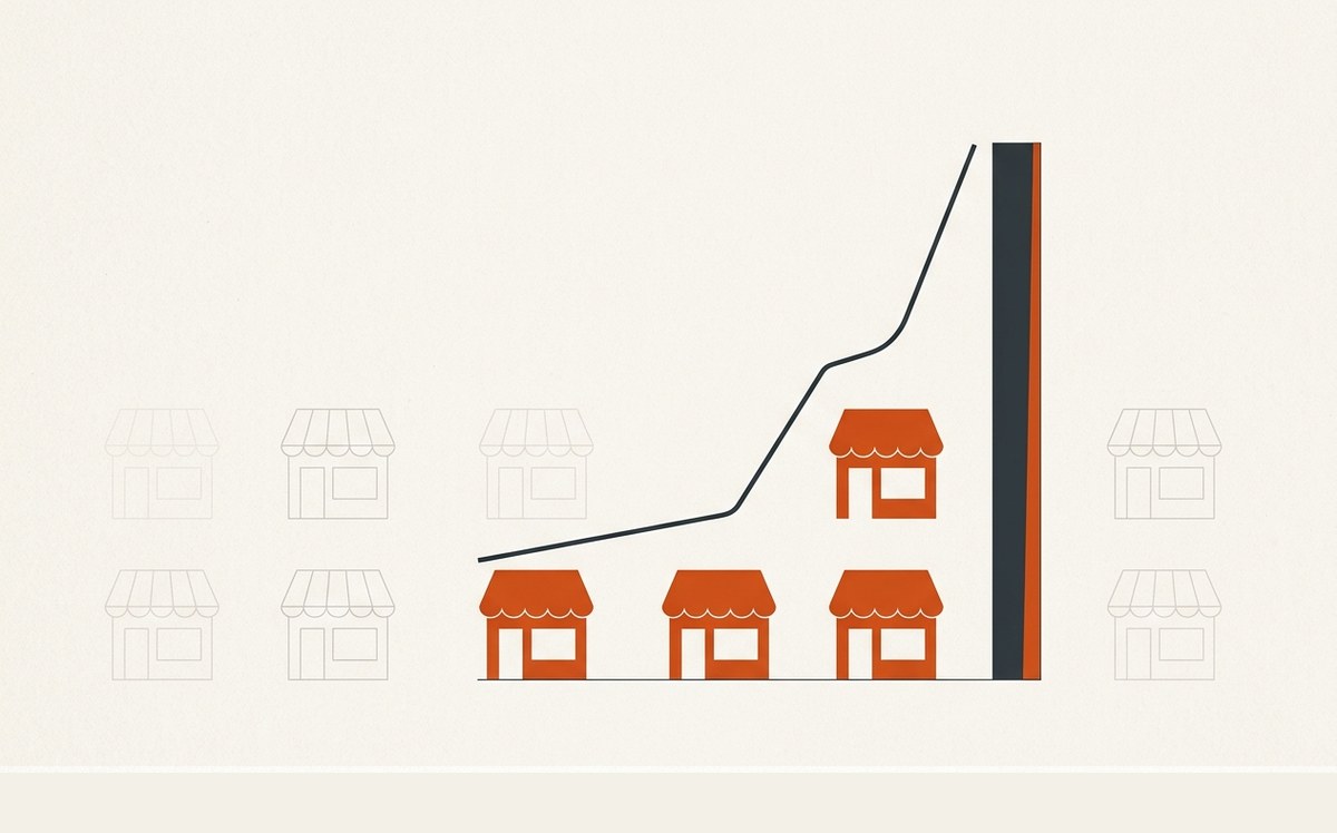 Illustration: nine shopfronts, five faded to outlines and four left solid, with a revenue line climbing above the four that remain