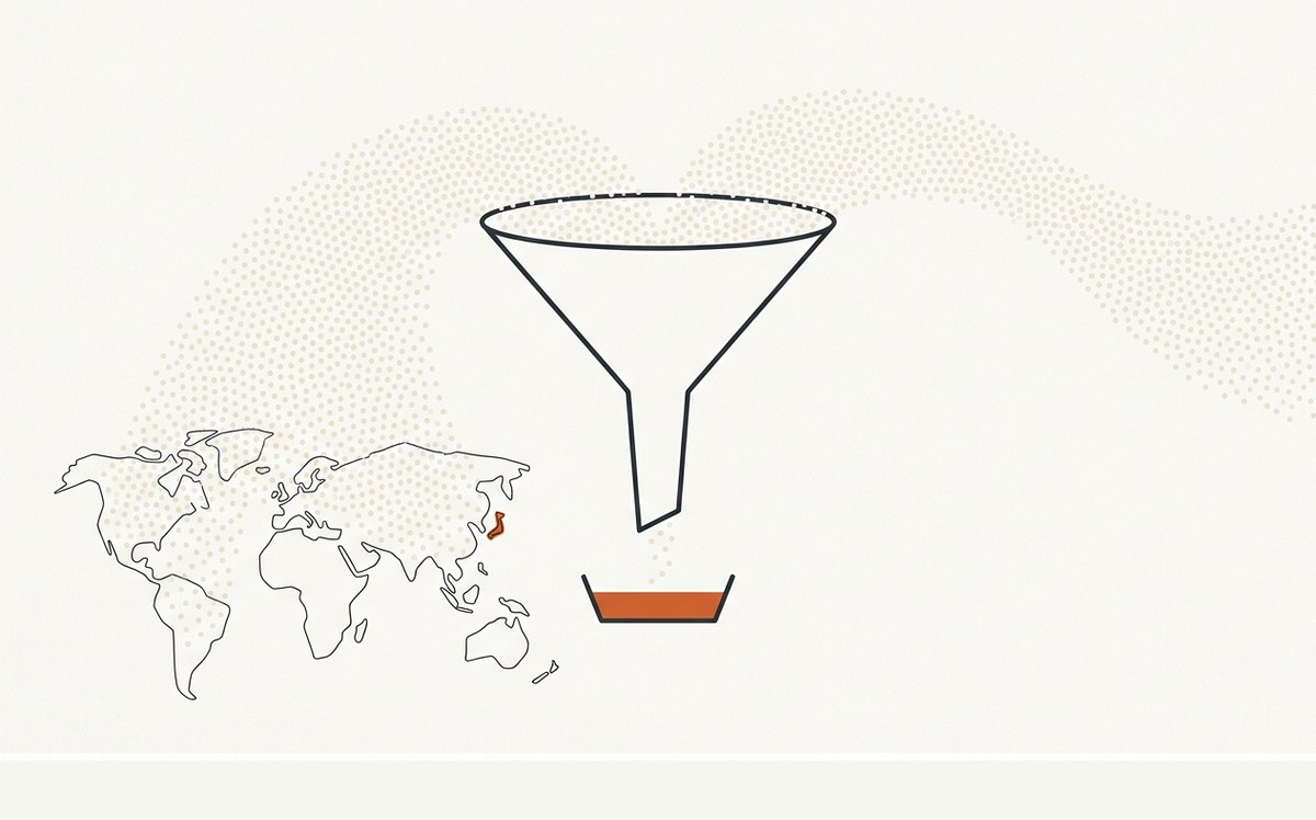 Illustration: a very wide funnel spilling a sheet of dots out of frame while almost nothing falls through its neck, and an empty collecting tray beneath it