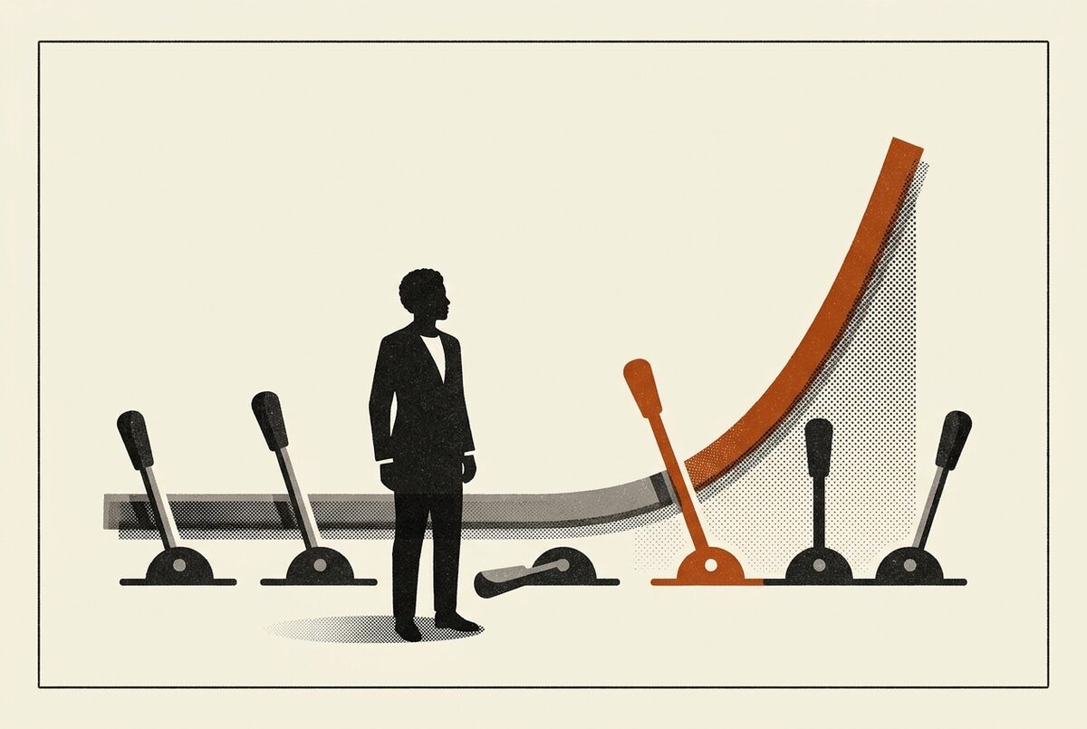 Illustration: a silhouette facing a flat sales curve that bends upward thanks to a single lever picked out in orange