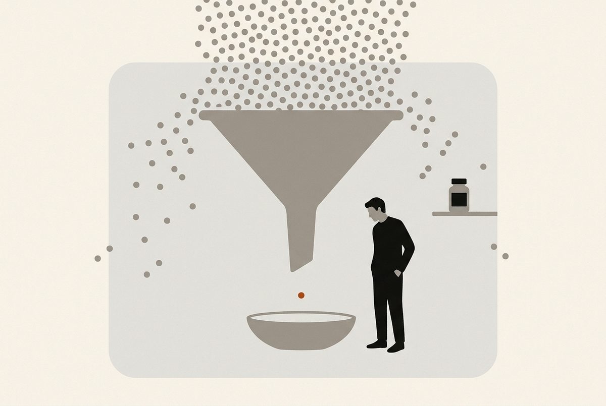 Illustration: a wide funnel under a shower of grey dots that almost all bounce off its rim, with a single terracotta dot falling into an empty bowl