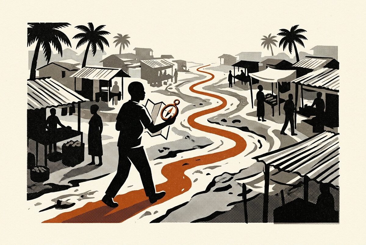 Illustration: a silhouette with map and compass crossing an African market, the chosen path highlighted in orange