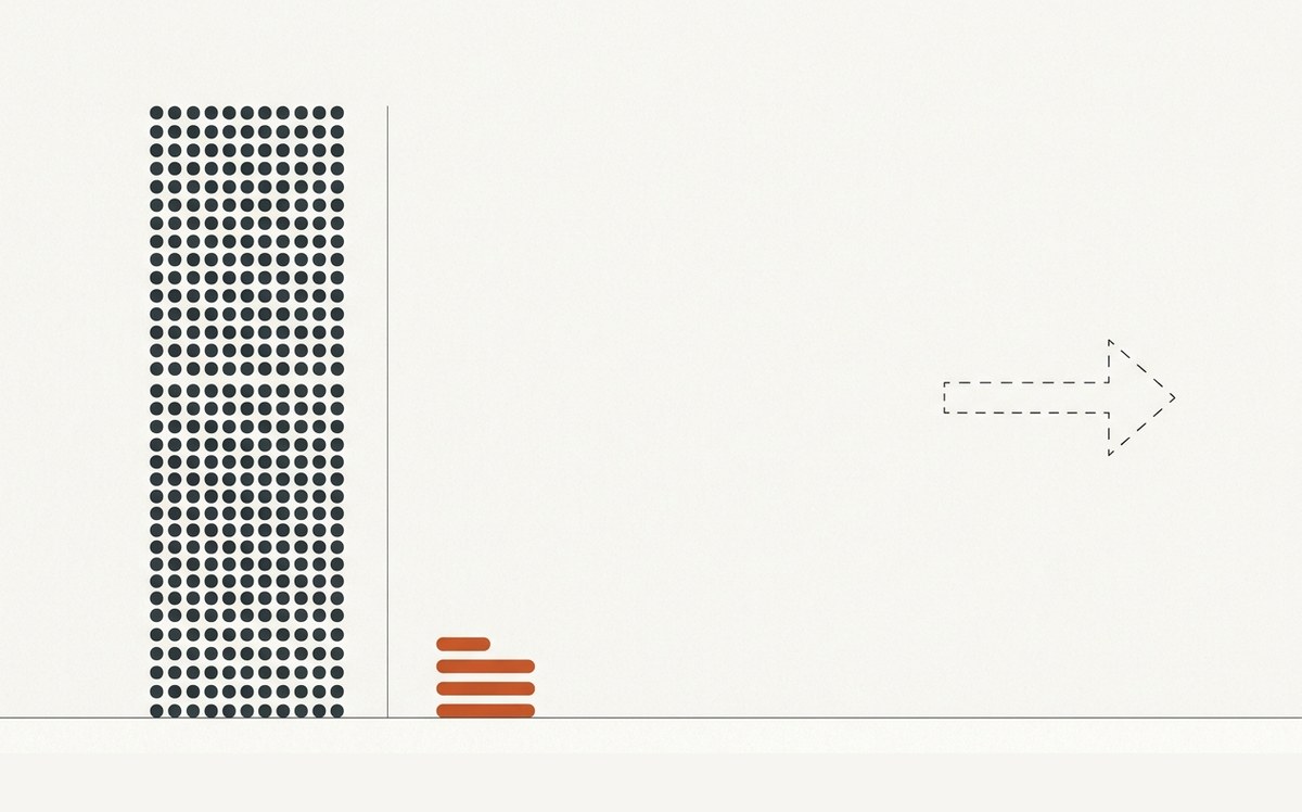 Illustration: a dense column of dots standing for a large audience, a very short stack of marks standing for the real response, and a share arrow drawn as a dashed outline, absent