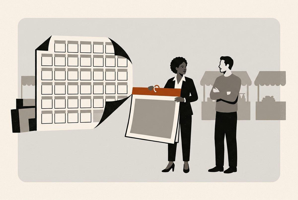 Illustration: a large daily calendar coming off a wall, and in front of it a woman holding up a single monthly calendar sheet while a man listens