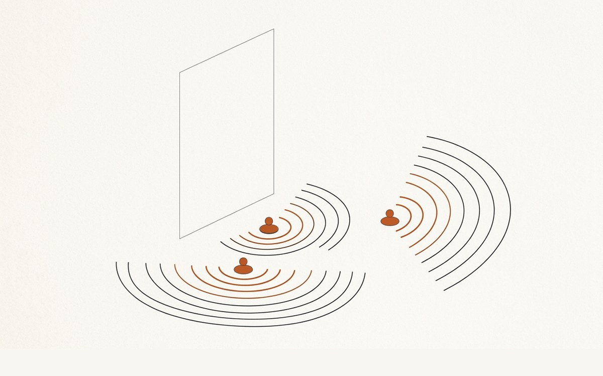 Illustration: a large institutional panel that is nearly silent, and in front of it three small individual tokens whose waves travel much further