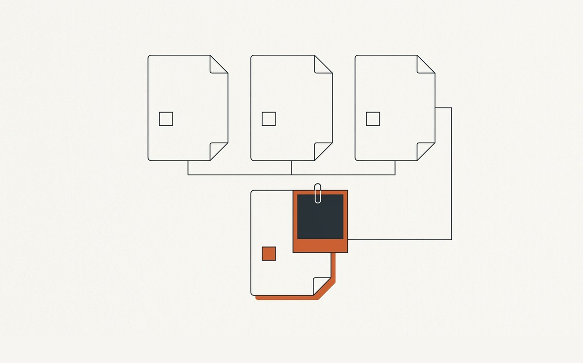 Illustration: three empty and inert process cards, and a fourth with a proof of completion clipped to it, the only one connected onward