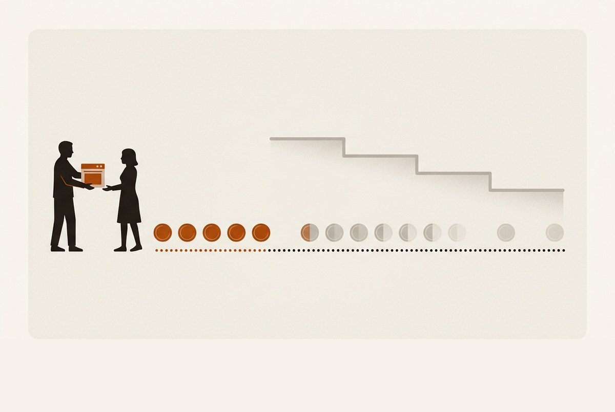 Illustration: a sale closed in orange, then a row of monthly payments thinning out and fading, with a descending step line above