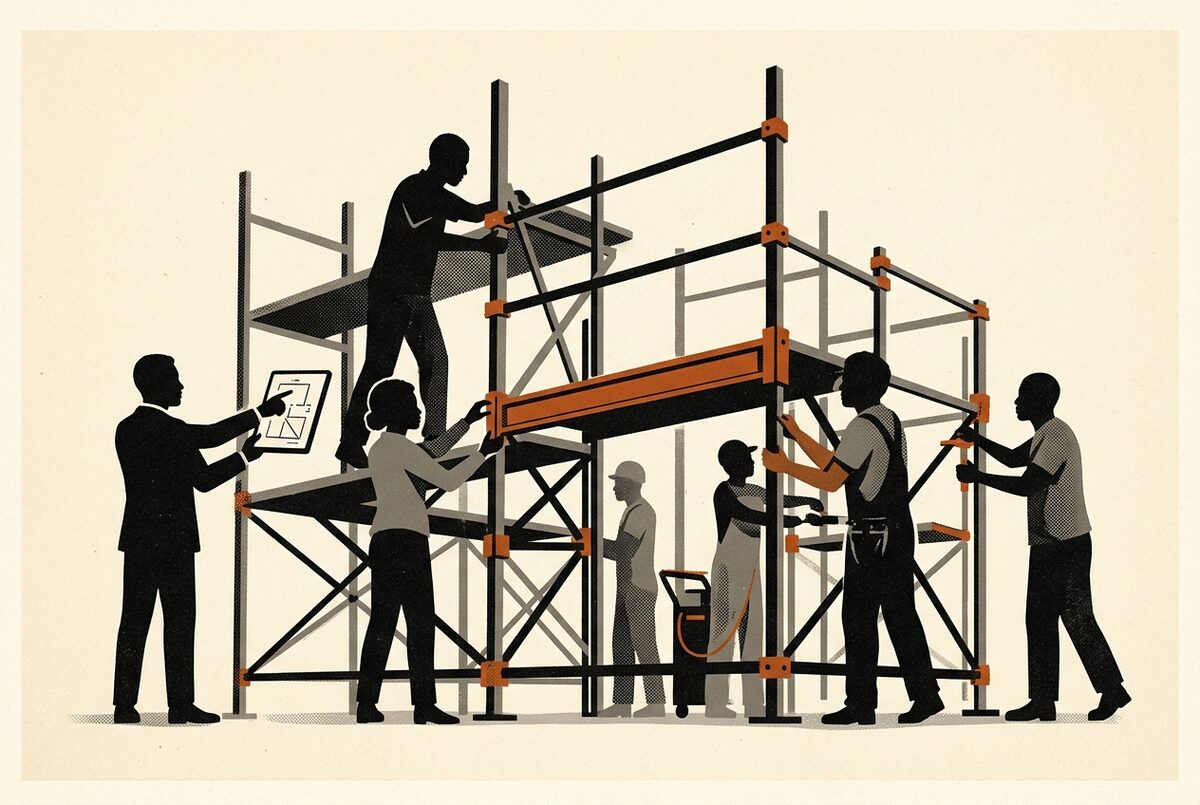 Illustration: African professionals assembling a modular framework together, the key joints picked out in orange