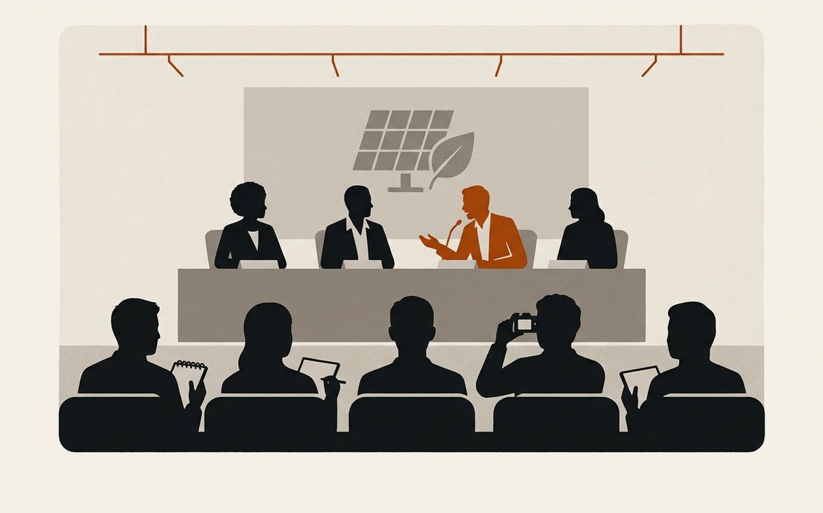 Illustration: a conference panel table, one speaker talking, and an institutional audience taking notes