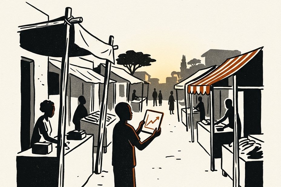 Illustration: a marketer reading live data on a tablet in an open-air African market street at dusk