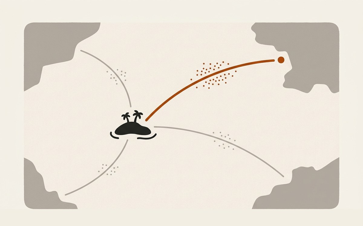 Illustration: an island with lines running out to several markets, one markedly thicker and in orange