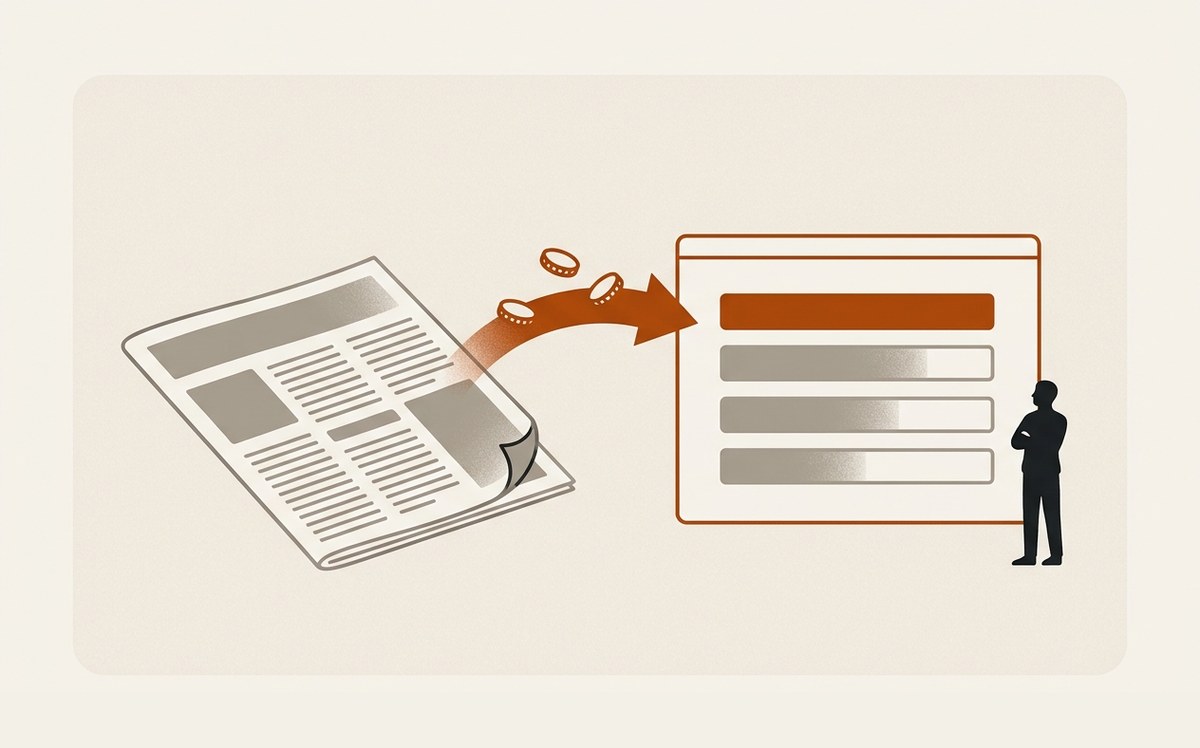 Illustration: a folded newspaper in grey, a results screen in orange, and budget moving from one to the other