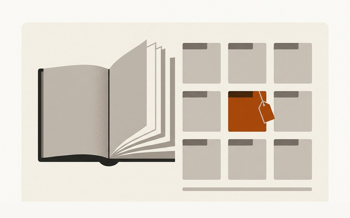 Illustration: an open catalogue whose pages turn into aligned product blocks, one in orange with a tag