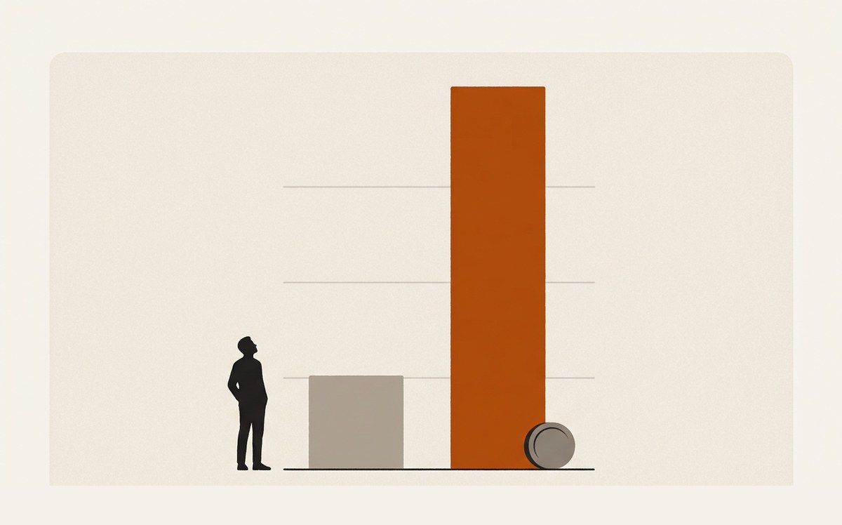 Illustration: two columns, the second much taller, with a small orange coin at its base