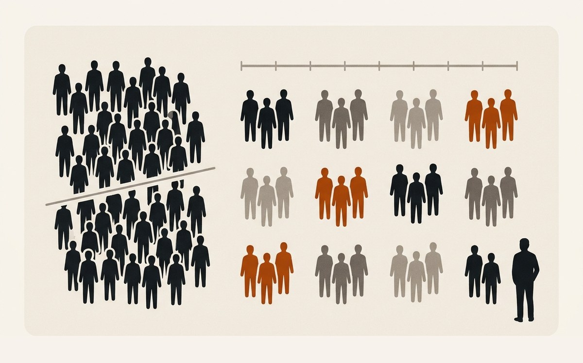 Illustration: an undifferentiated crowd crudely cut in two on one side, twelve distinct ordered segments on the other