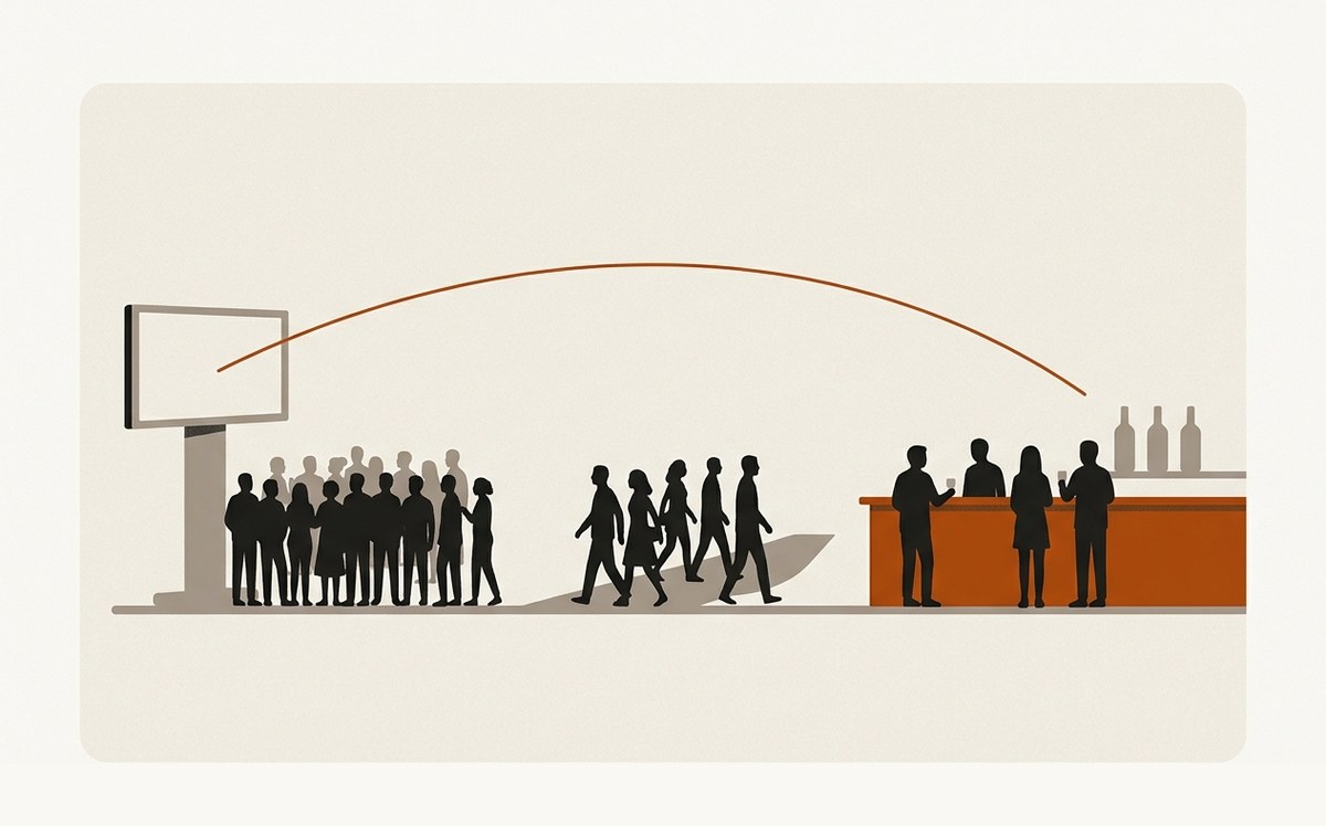 Illustration: a queue of people moving from a screen to a tasting counter