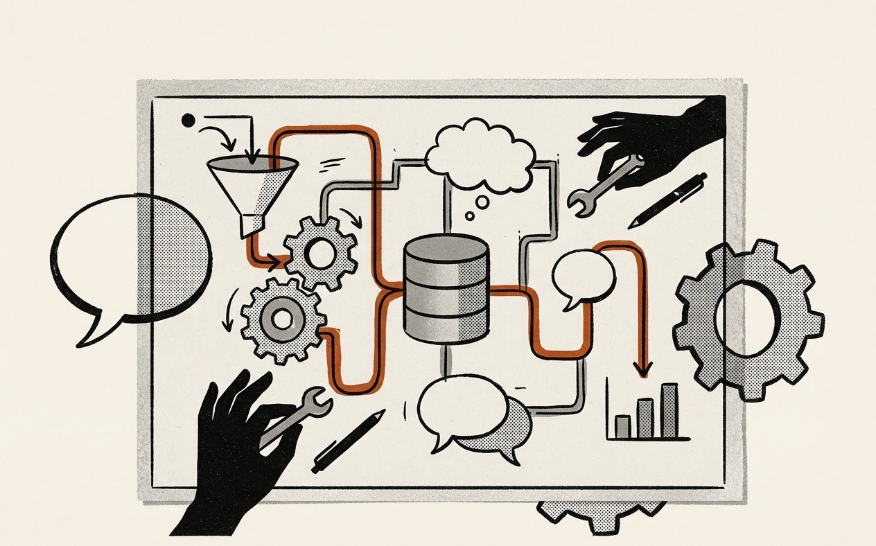 Illustration: two hands assembling a marketing system, funnel, gears, database and reporting connected into one machine