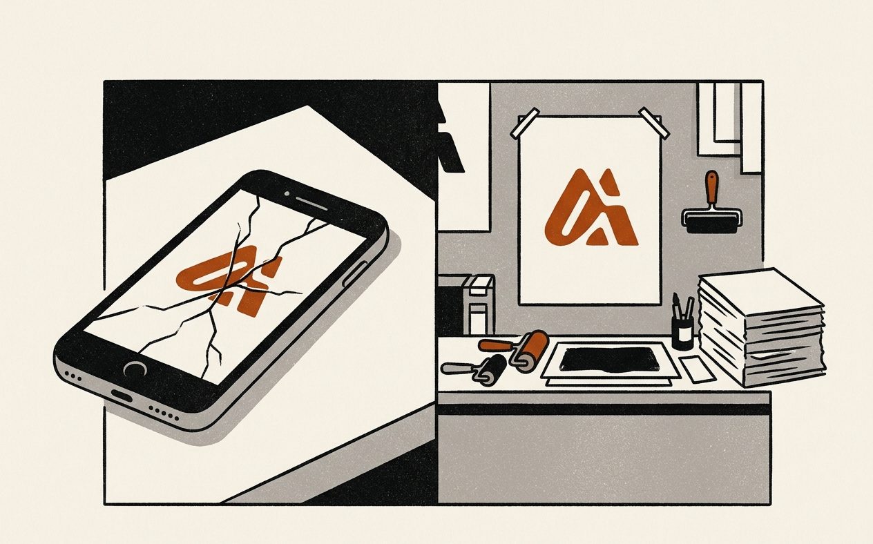 Illustration: a brand mark holding up on a cracked phone screen, tested against real conditions